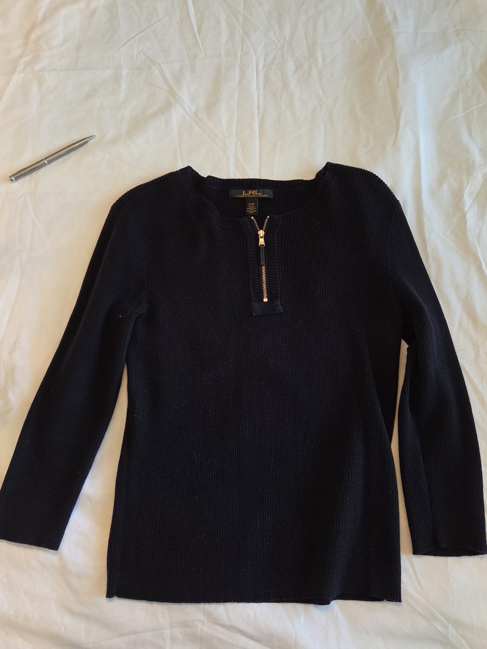 LRL Lauren Ralph Lauren Black Ribbed Cotton Zip Sweater